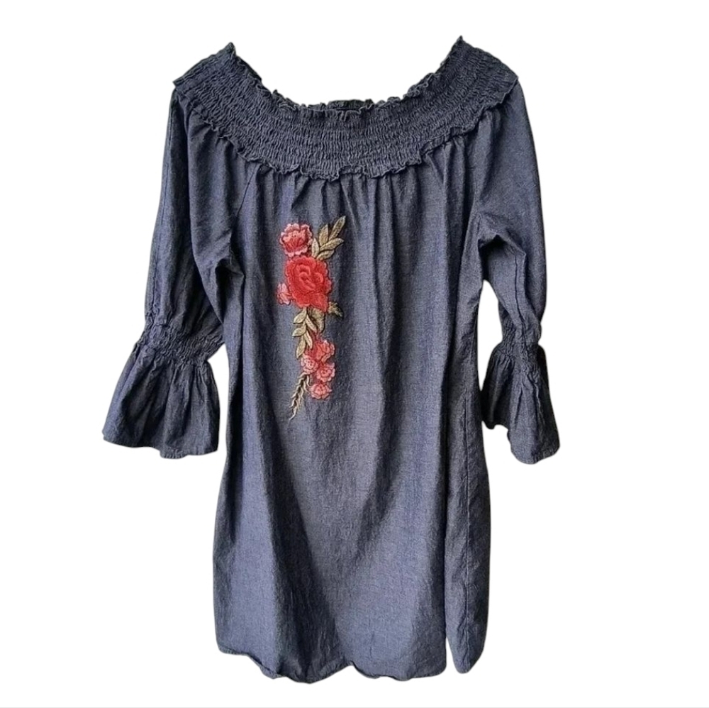Mlle Gabrielle Floral Boho Festival Embroidered Off the Shoulder Denim Dress, XL